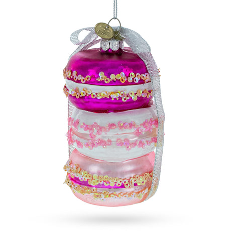 Glass Gift Wrapped Macarons - Blown Glass Christmas Ornament in Pink color