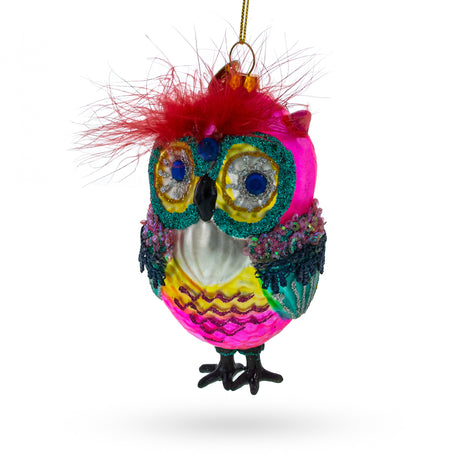 Glass Vibrant Colorful Owl - Blown Glass Christmas Ornament in Multi color
