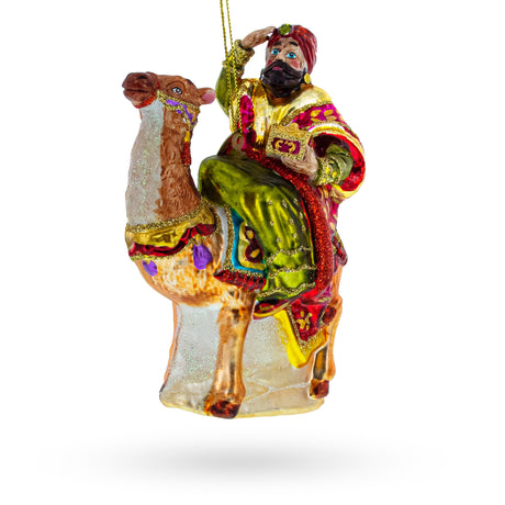 Glass Majestic Wiseman with Gifts on Camel - Blown Glass Christmas Ornament in Multi color