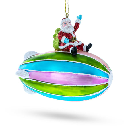 Glass Santa's Sky-High Voyage: Santa Riding Aerostat Blimp - Blown Glass Christmas Ornament in Multi color