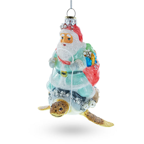 Glass Santa Riding Turtle - Blown Glass Christmas Ornament in Multi color