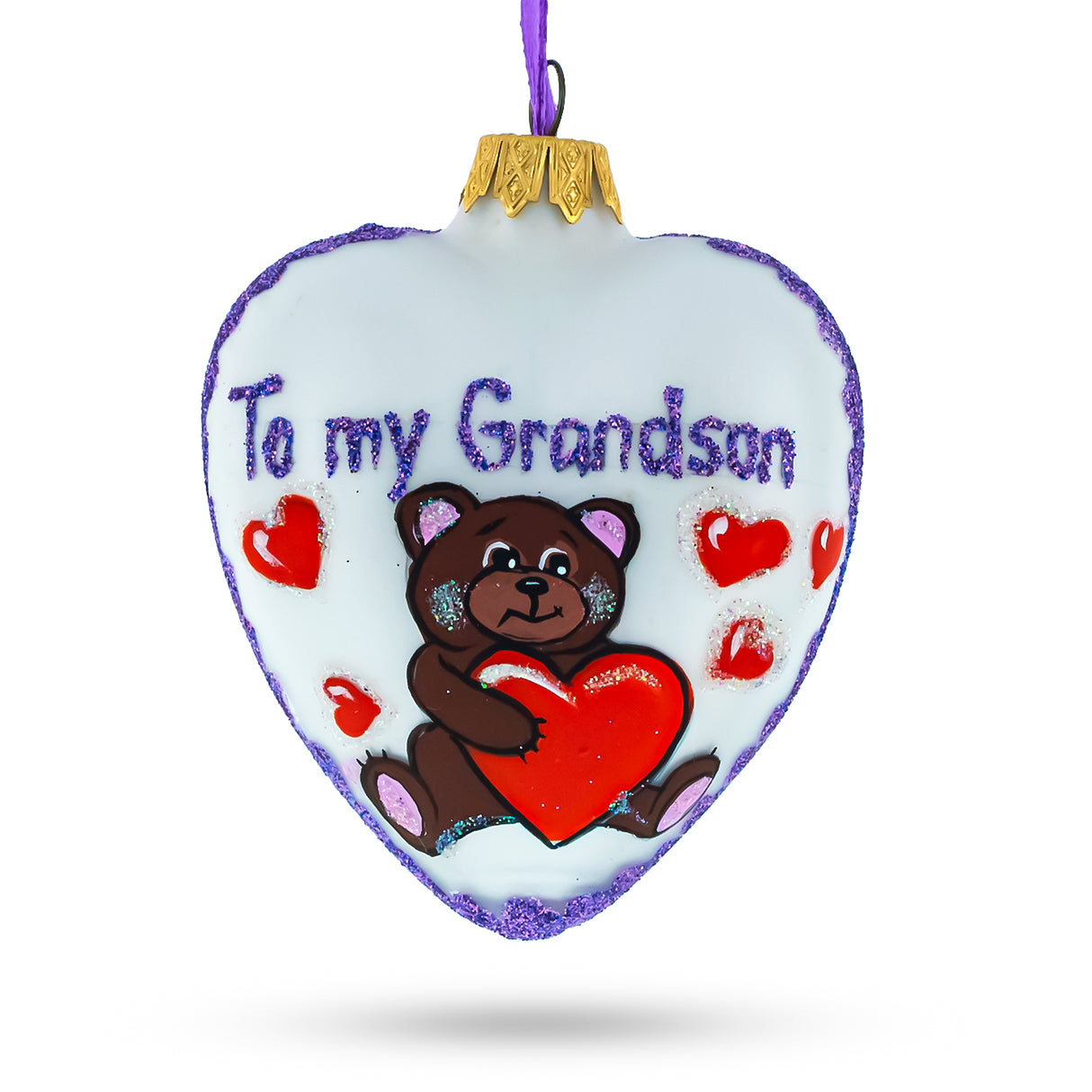Glass Teddy For My Grandson Glass Heart Christmas Ornament in Multi color Heart