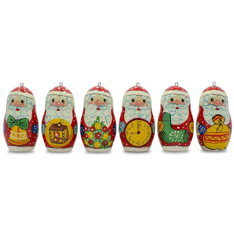 Wood Set of 6 Santa Wooden Christmas Ornaments 2.25 Inches in Multi color Oval