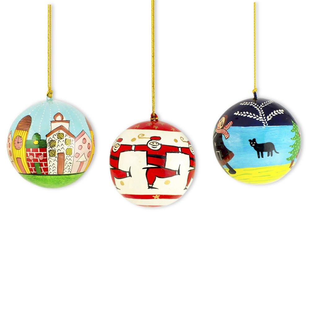 Wood Set of 3 Santa Wooden Christmas Ball Ornaments in Multi color Round