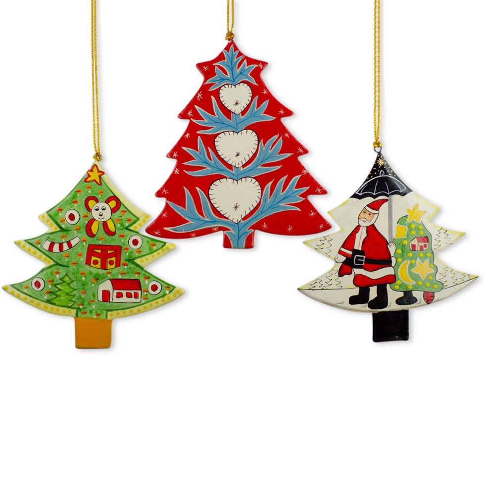 Wood Set of 3 Santa and Christmas Trees Wooden Christmas Ornaments in Multi color Triangle