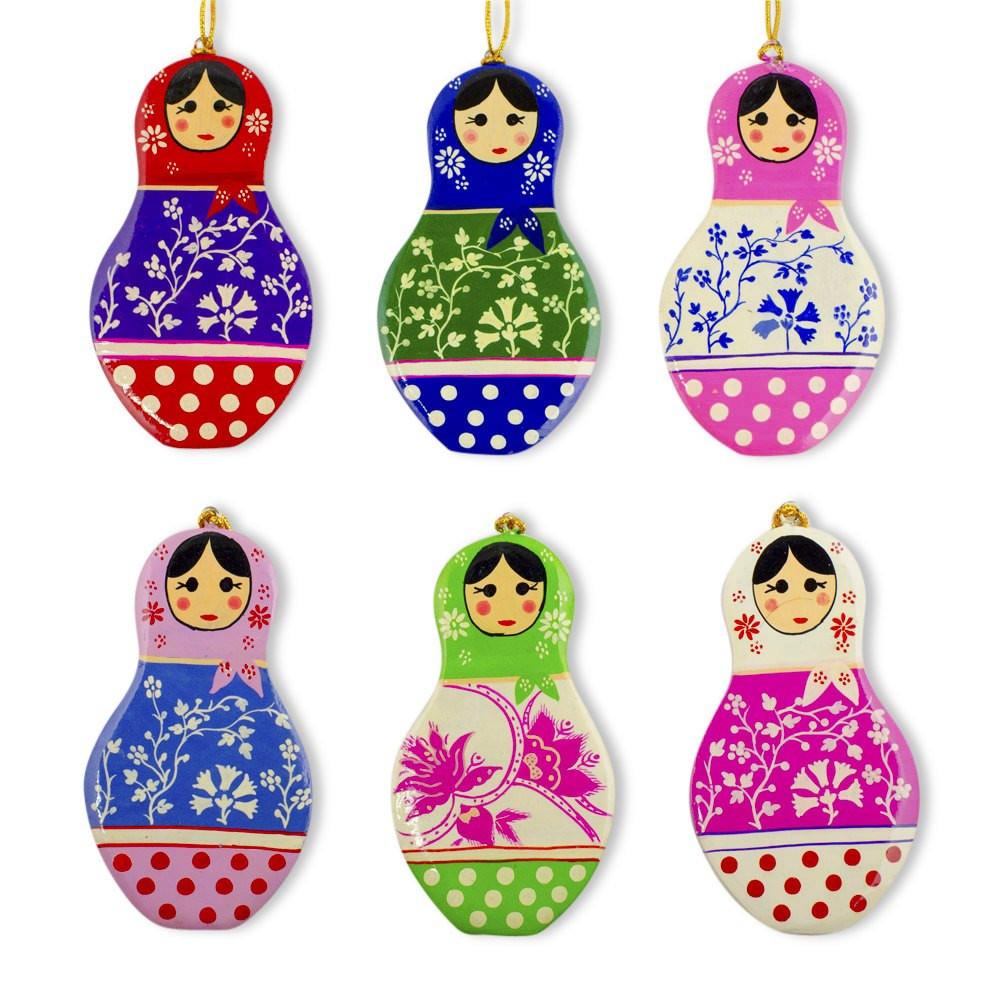 Wood 6 Matryoshka Dolls Wooden Christmas Ornaments in Multi color