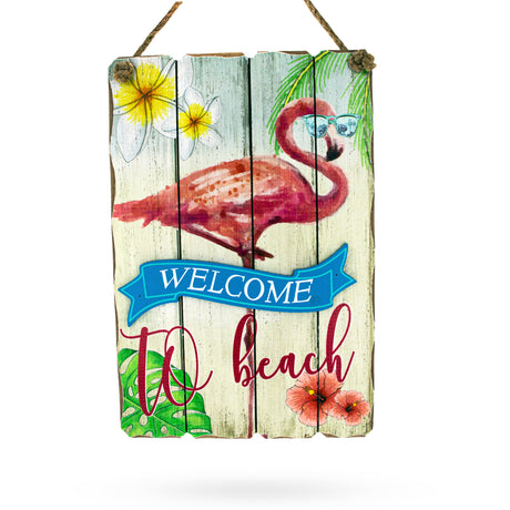 Metal Welcome to the Beach Hanging Flamingo Wooden Sign Display 9.5 Inches in Multi color
