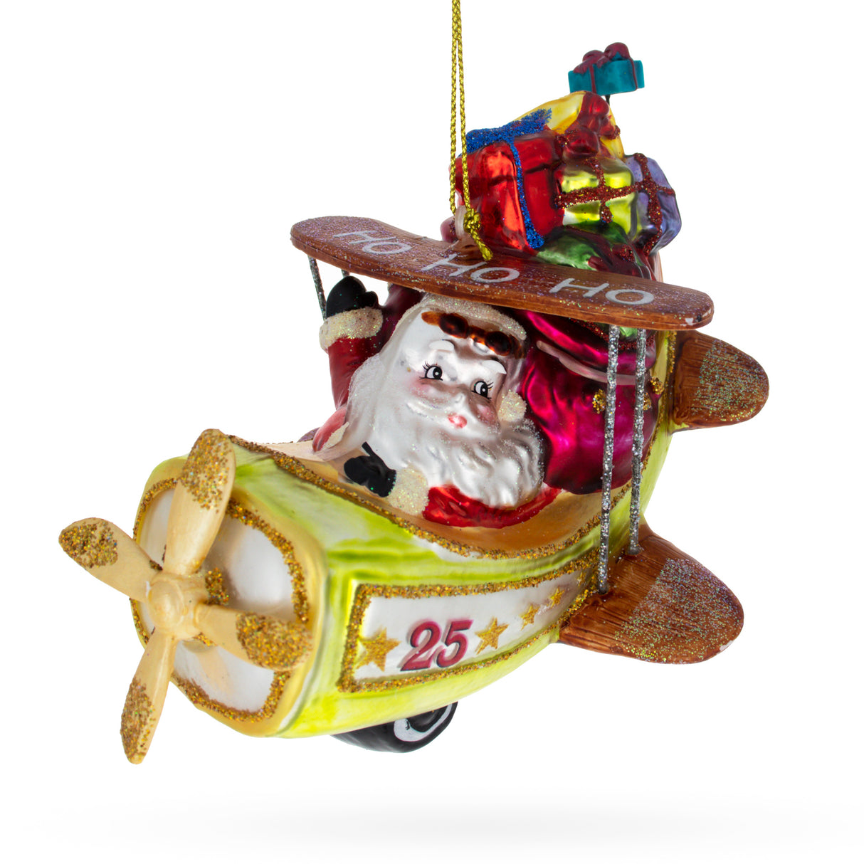 Glass Santa Delivering Gifts on Airplane Glass Christmas Ornament in Multi color