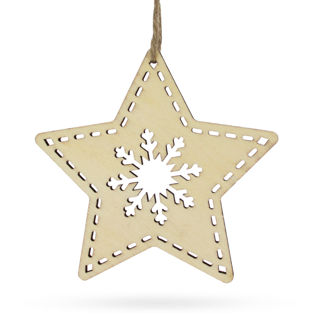 Wood Unfinished Wooden Star Ornament with Snowflake DIY Craft 4 Inches in Beige color Star