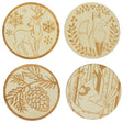 Set of 4 Unfinished Wooden Etched Animals and Forest Life Theme Cutout DIY Craft 4.4 Inches in Beige color, Round shape