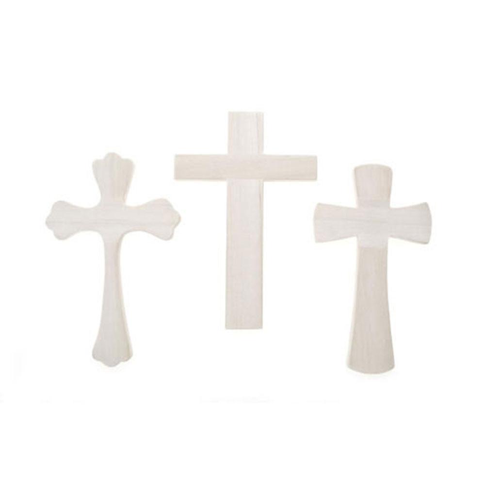 Set of 3 Unfinished Wooden Crosses Shape Cutouts DIY Crafts 9.5 Inches in Beige color,  shape