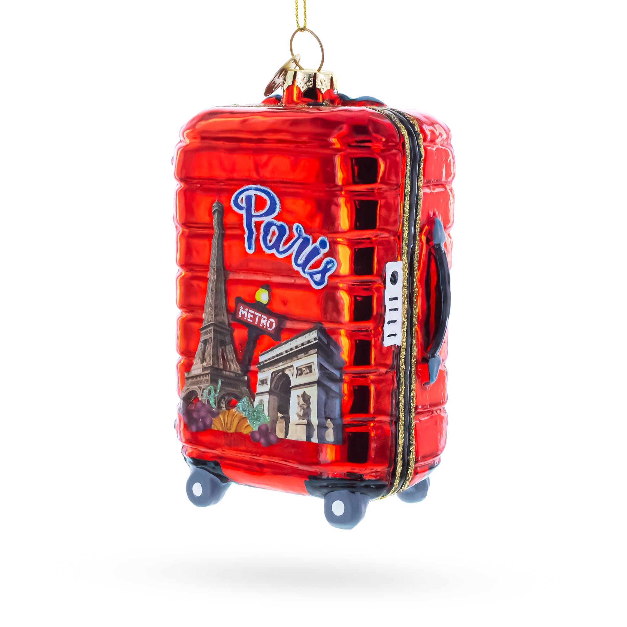 Paris Landmarks Suitcase Blown Glass Christmas Ornament in Red color Figurine
