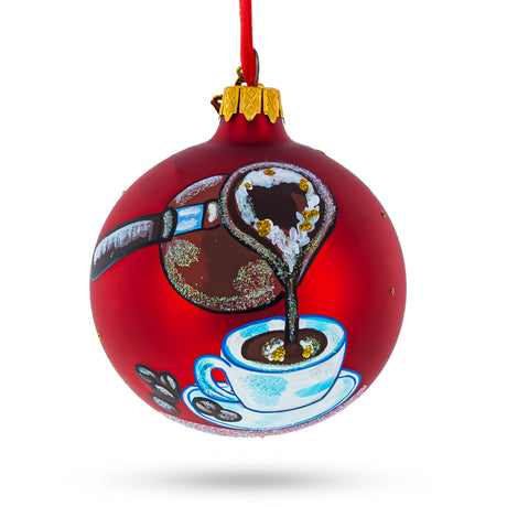 Glass Java Enthusiast: Coffee Lover Blown Glass Ball Christmas Ornament 3.25 Inches in Red color Round