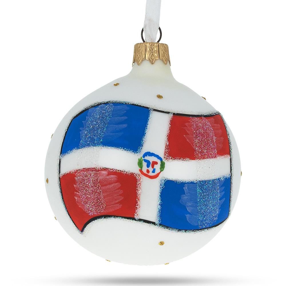 Glass Flag of Dominican Republic Blown Glass Ball Christmas Ornament 3.25 Inches in White color Round