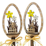 Wooden Whimsy: Set of 2 Egg-Shaped Figurines with Bunnies and Flowers ,dimensions in inches: 10.7 x 3.1 x 4.1