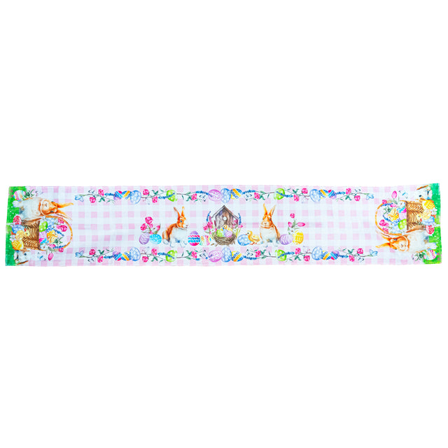 Fabric Whimsical Bunny and Colorful Eggs Easter Table Runner in Multi color