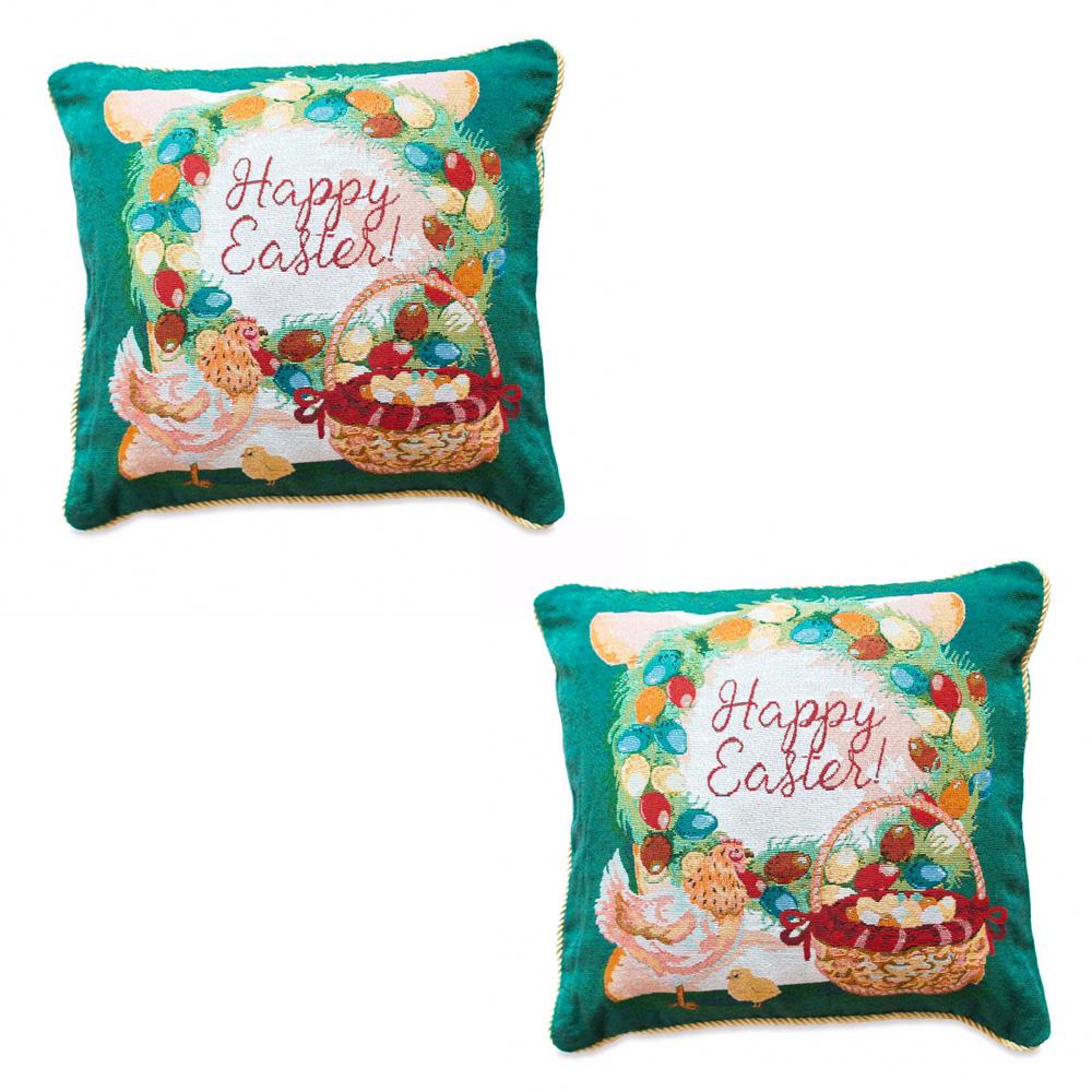 Fabric Set of 2 Happy Easter & Easter Eggs Throw Pillow Covers in Green color Square