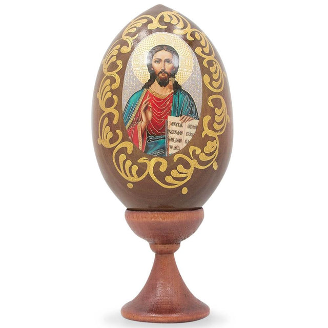Jesus Christ Icon Wooden Easter Egg 4 Inches in Brown color, Oval shape