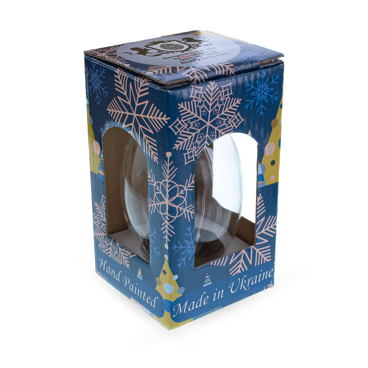 Blue Geometric Ukrainian Egg Glass Christmas Ornament 4 InchesUkraine ,dimensions in inches: 2.77 x 4.31 x 2.77