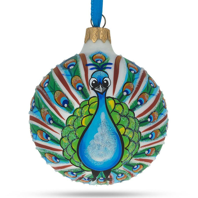 Glass Elegant Peacock Glittered - Blown Glass Ball Christmas Ornament 3.25 Inches in Blue color Round