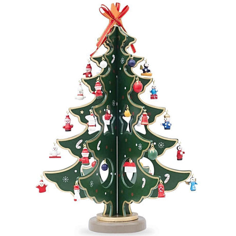 Wood Traditional Wooden Tabletop Christmas Tree - Includes 32 German Style Miniature Christmas Ornaments, 12.5 Inches Tall in Green color Triangle