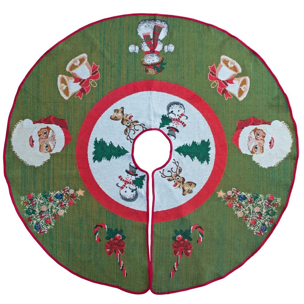Fabric Santa, Bells, and Mistletoe Christmas Tree Skirt 50 Inches in Green color Round
