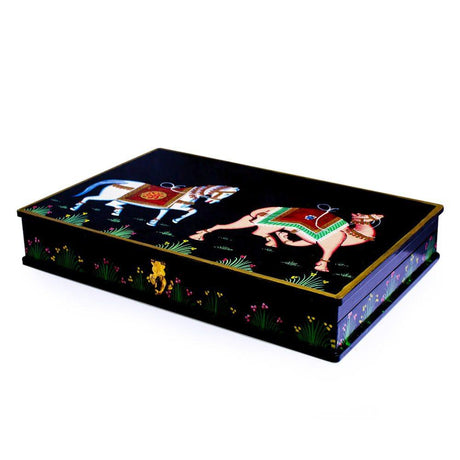 Wood Oriental Horse and Camel Wooden Jewelry Box in Multi color Rectangular