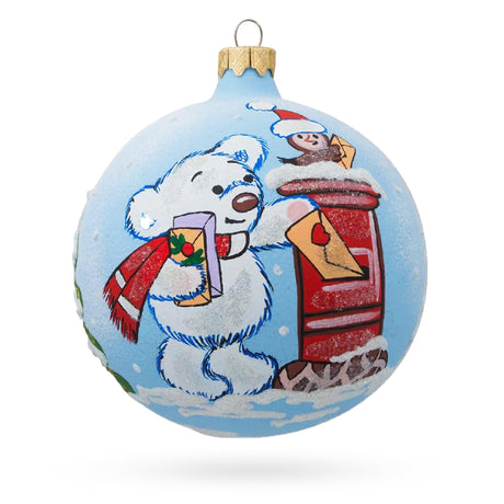 Glass Whimsical Holiday: Bear Mailing Christmas Wish List - Blown Glass Ball Christmas Ornament  3.25 Inches in Blue color Round