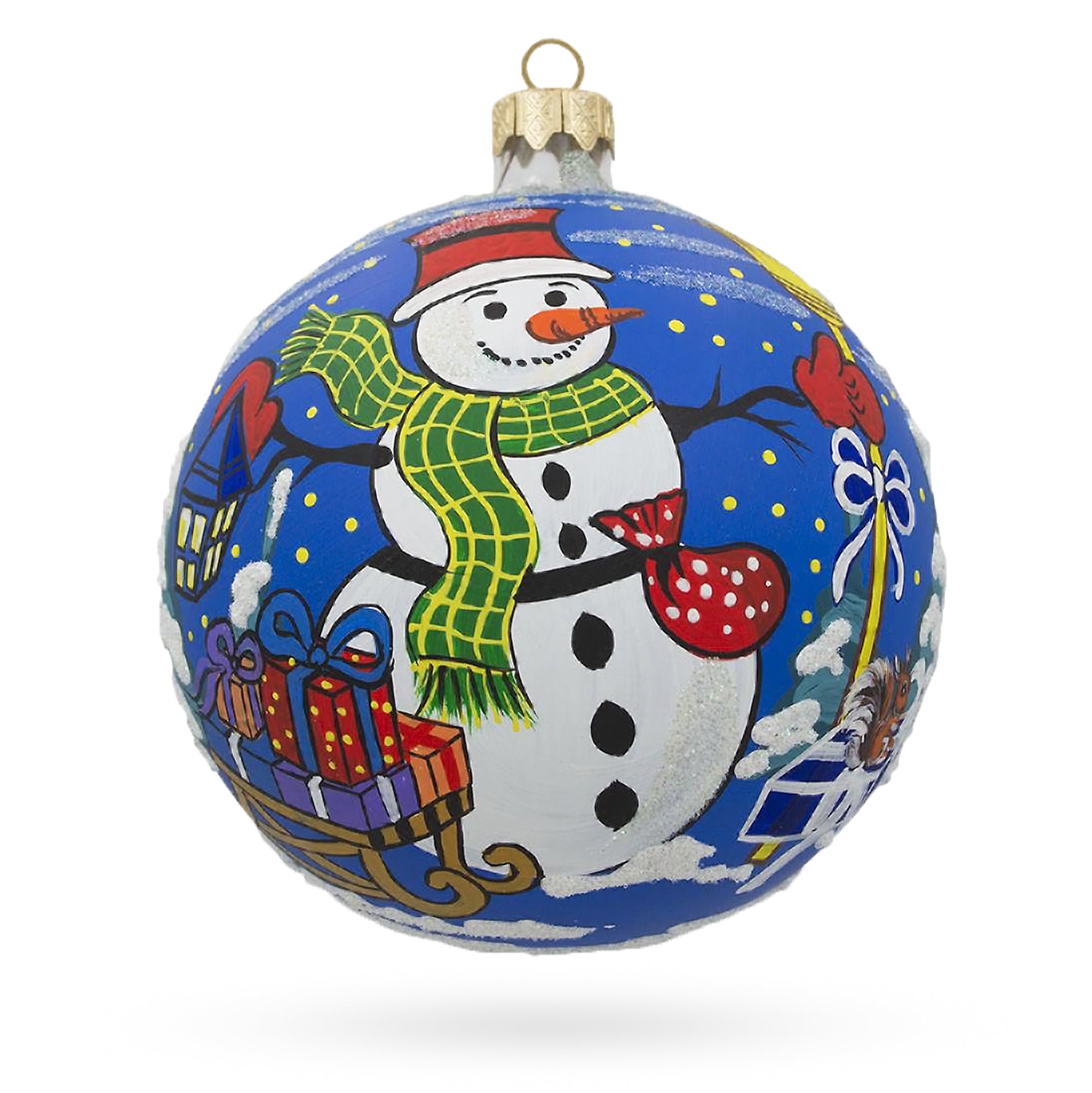 Festive Snowman with Gifts - Glass Ball Christmas Ornament 3.25 Inches in Blue color Round