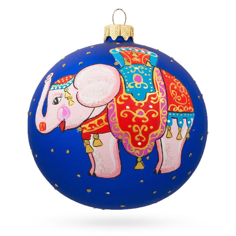 Glass Big Top Marvel: Circus Elephant Performer on Dazzling Blown Glass Ball Christmas Ornament 4 Inches in Blue color Round