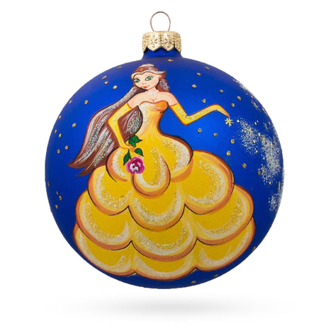 Enchanting Blooms: Princess Adorned with a Floral Crown on Luxurious Blown Glass Ball Christmas Ornament 4 Inches in Blue color, Round shape