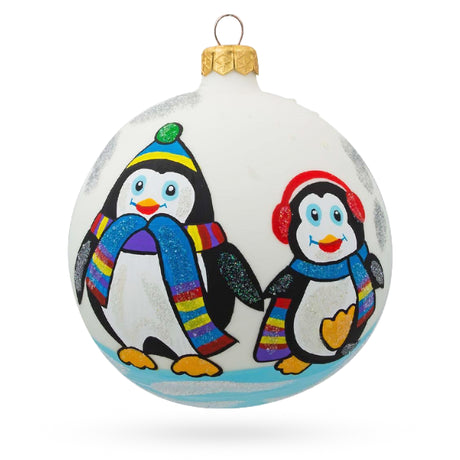 Glass Lovebirds on Ice: Two Penguins Blown Glass Ball Christmas Ornament 4 Inches in Multi color Round