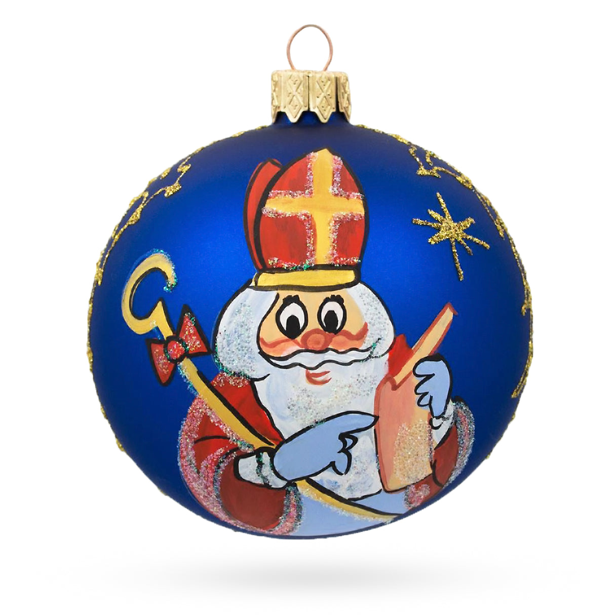 Glass St. Nicholas Reviewing His Gift List in Winter White Blown Glass Ball Christmas Ornament 3.25 Inches in Blue color Round