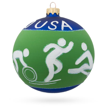 Glass Olympic Glory: Swimming, Boxing, Biking, Track, Rowing Sports Collage Blown Glass Ball Christmas Ornament 4 Inches in Green color Round