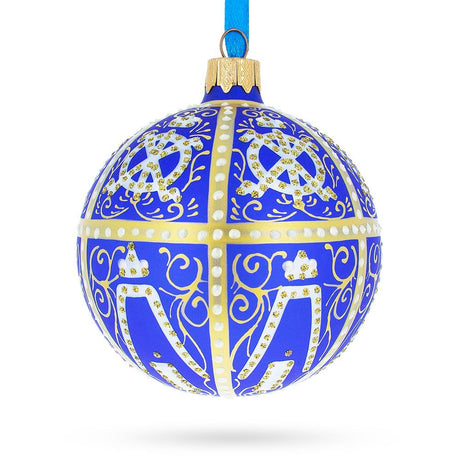 Glass Regal 1896 Twelve Monograms Royal Egg Blue - Blown Glass Ball Christmas Ornament 3.25 Inches in Blue color Round