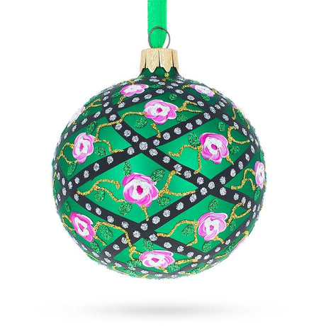 Glass Elegant 1907 Rose Trellis Royal Egg Green - Blown Glass Ball Christmas Ornament 3.25 Inches in Green color Round
