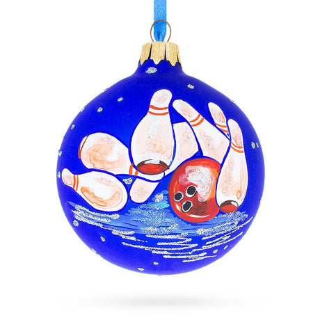 Glass Strike! Bowling - Blown Glass Ball Christmas Ornament 3.25 Inches in Blue color Round