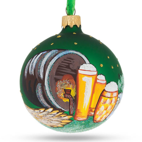Glass Cheers to the Beer Barrel - Blown Glass Ball Christmas Ornament 3.25 Inches in Green color Round