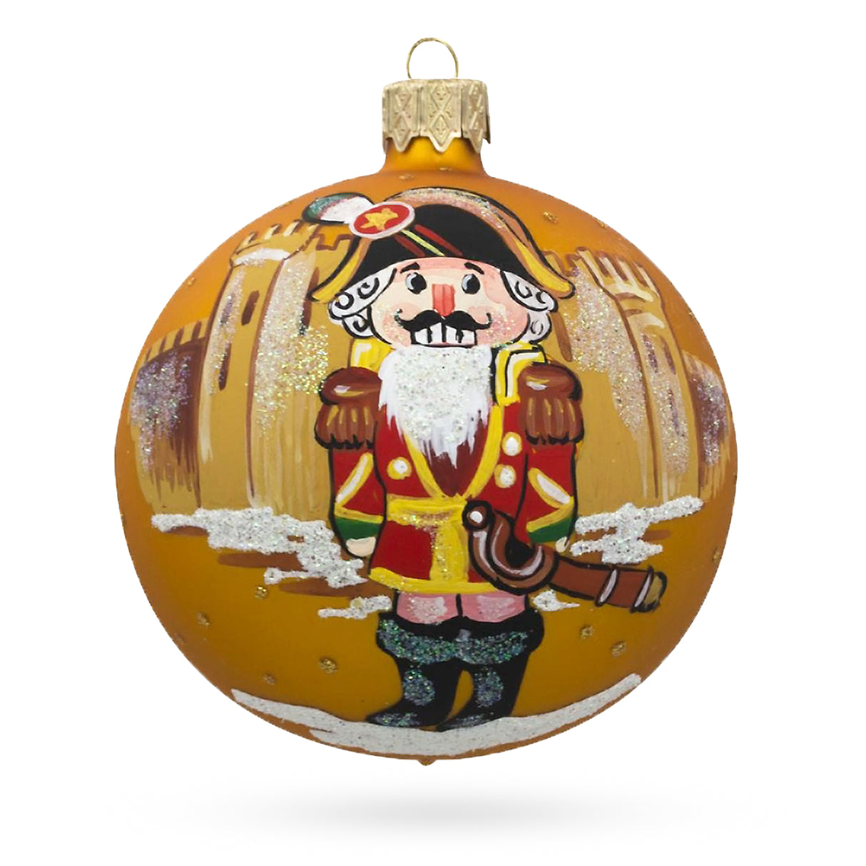 Glass Guardian of Festivities: Nutcracker Soldier Blown Glass Ball Christmas Ornament 3.25 Inches in Orange color Round