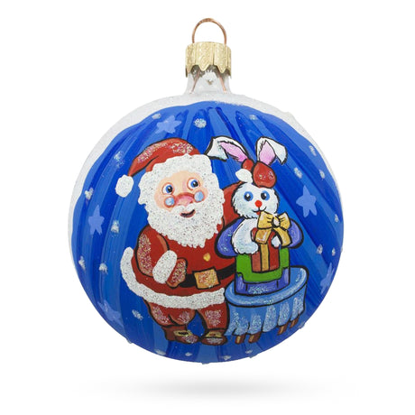 Glass Enchanted Evening: Santa's Magical Rabbit Trick Blown Glass Ball Christmas Ornament 3.25 Inches in Blue color Round