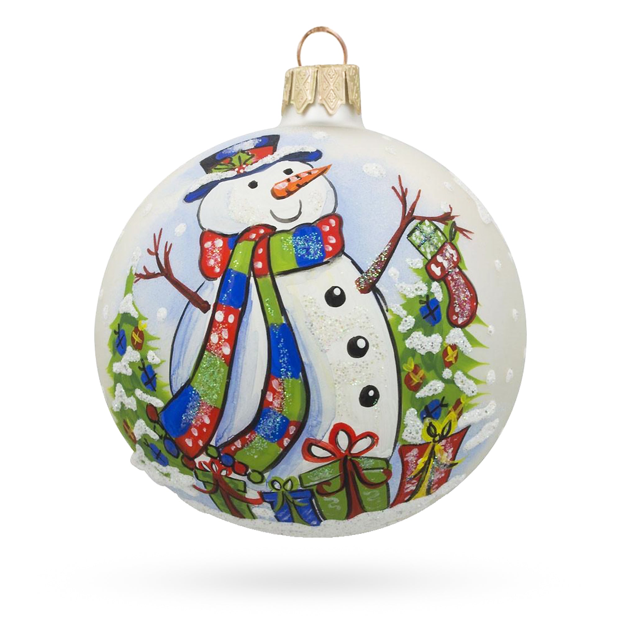 Snowman with Christmas Tree and Gifts Blown Glass Ball Ornament 3.25 Inches in Multi color Round