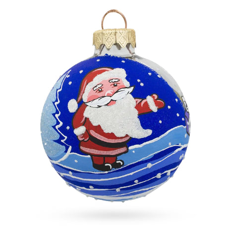 Glass Jolly Santa Claus Bearing Gifts Blown Glass Ball Christmas Ornament 3.25 Inches in Blue color Round