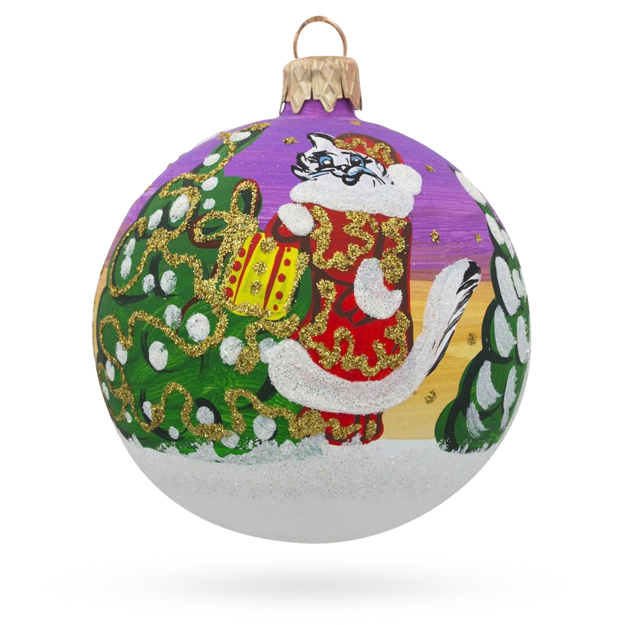 Cat Leaving Holiday Gifts Glass Ball Christmas Ornament 3.25 Inches in Multi color Round