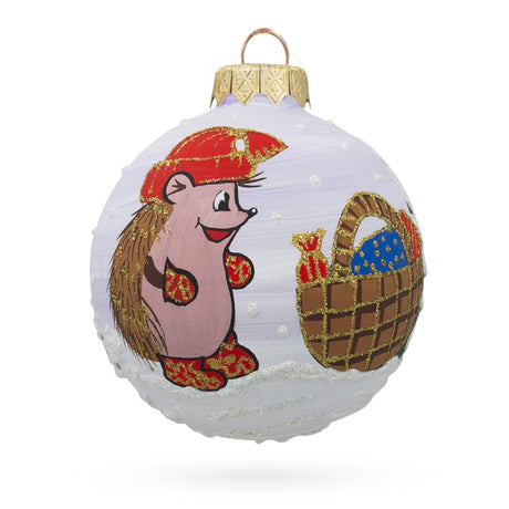 Glass Cozy Critter: Hedgehog with Mittens Blown Glass Ball Christmas Ornament 3.25 Inches in Multi color Round