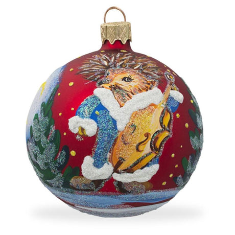 Glass Musical Hedgehog Serenading with Cello Blown Glass Ball Christmas Ornament 3.25 Inches in Red color Round