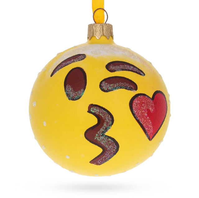 Glass Cheeky Wink and Kiss Facial Expressions Blown Glass Ball Christmas Ornament 3.25 Inches in Yellow color Round