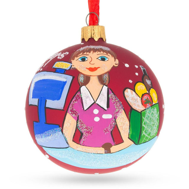 Glass Checkout Star: Cashier Blown Glass Ball Christmas Ornament 3.25 Inches in Red color Round