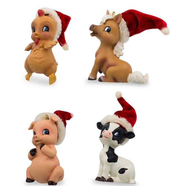 Resin Chick, Piglet, Calf and Pony in Santa Hats- Christmas Ornaments 3 Inches in Multi color
