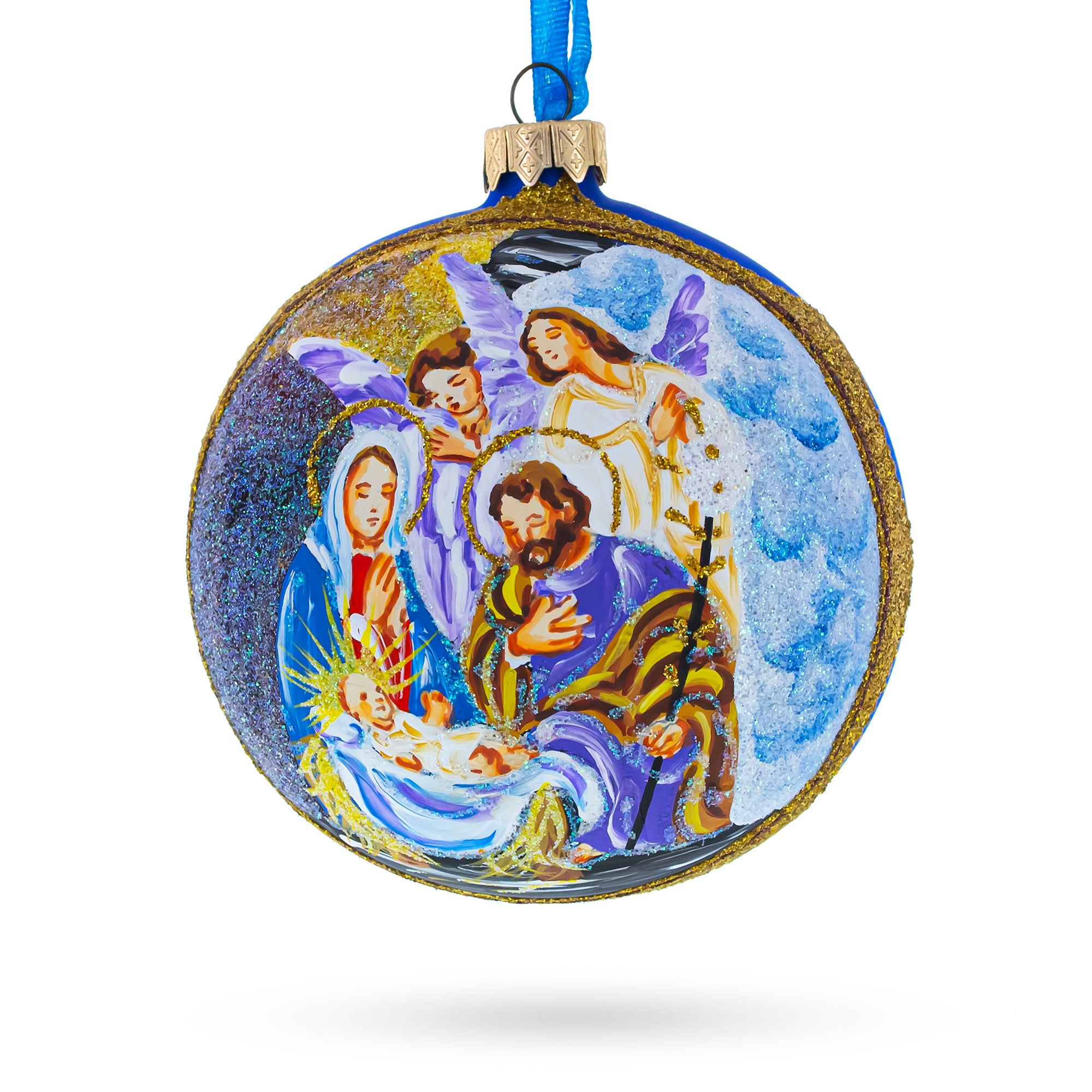 Divine Angels and Holy Family Admiring Jesus Nativity Scene Glass Ball Christmas Ornament 4 Inches in Blue color Round