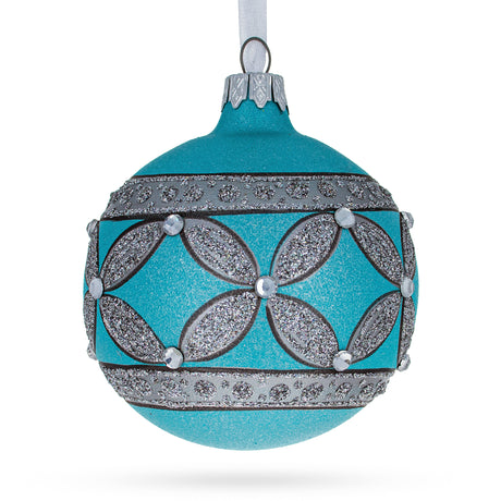 Glass Exquisite Craftsmanship: American Art Nouveau Cross with Diamonds Blown Glass Ball Christmas Ornament 3.25 Inches in Blue color Round